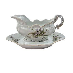 Antique Victoria Carlsbad Austria Gravy Boat Underplate Blue Mark Floral Gold Tr